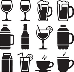 Black and White Silhouette Vector Set of 9 Drink Related Objects Water Glass Wine Glass Beer Mug Cocktail Glass Bottle Thermos Juice Carton Teacup Coffee Mug