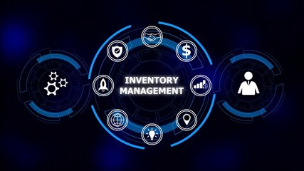 Inventory management system concept with icons for business growth security and global operations. Inventory management drives streamlined business growth. Technology operations efficiency. - Powered by Adobe