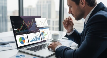 Businessman intently analyzing financial market data and trading graphs on laptop