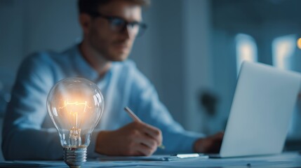 A young genius entrepreneur and a glowing light bulb with a genius brain, knowledge and cutting-edge ideas, business creativity, technology and inspirational concepts.