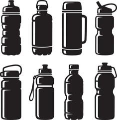 Black and White Silhouette Vector Set of 9 Water Bottle Designs Plastic Sports Bottle Metal Flask Travel Thermos Sipper Bottle Flat Water Container Hiking Bottle with Hook Glass Bottle Reusable Bottle