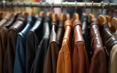 Selective focus some used leather clothes hanging on a rack in a shop. High quality