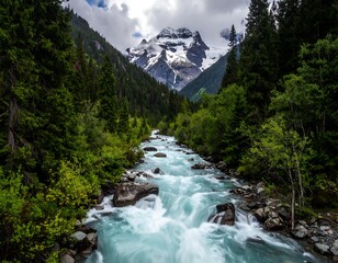 A rushing turquoise river flows through a vibrant green forest with a majestic snow-capped mountain backdrop