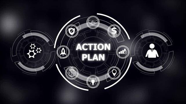 Action plan drives powerful business strategy. Innovation and teamwork accelerate success. Futuristic digital interface displaying action plan with icons for strategy growth success.