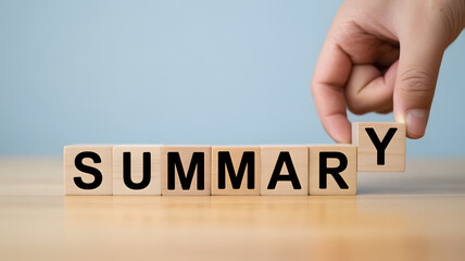 Concise summary presented with wooden blocks and hand, key insights, brief report