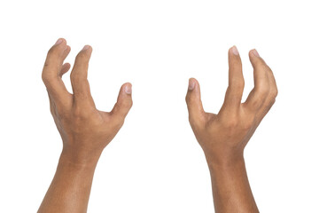male hands holding, reaching, or grabbing something isolated on white background. transparent png