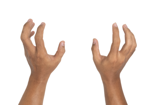 male hands holding, reaching, or grabbing something isolated on white background. transparent png