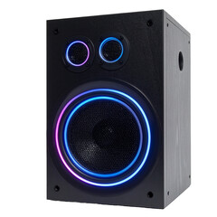 Speaker with Colorful Rings: A sleek, modern speaker featuring vibrant, glowing rings of color, symbolizing the energy and excitement of music, ready to amplify the listening experience.