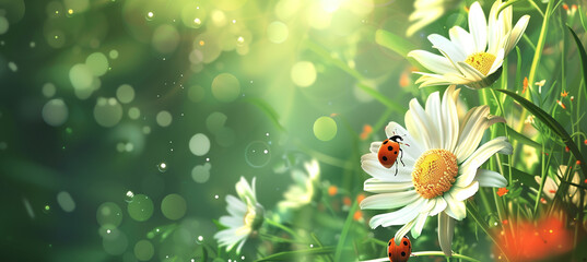  A ladybug crawling on a white daisy flower with blurred green background