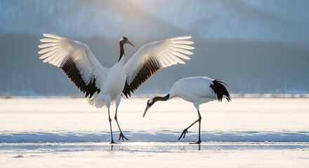 Obraz premium Graceful red-crowned cranes dance on the frozen landscape of Hokkaido Japan during winter season