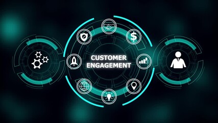 Customer engagement strategy icons business growth success partnership innovation global reach. Customer engagement strategy boosts business success. Innovation strengthens global relationships. - Powered by Adobe