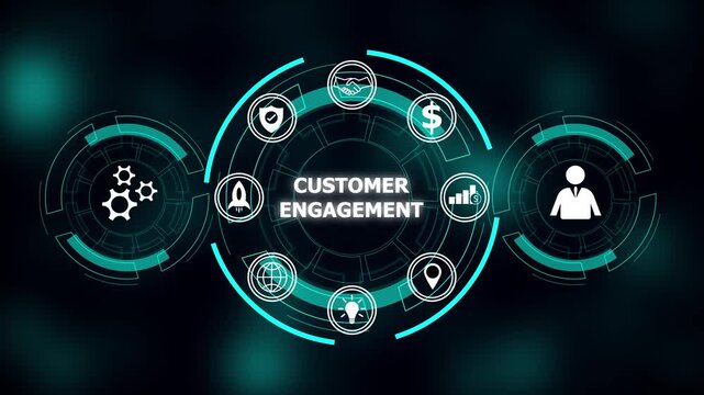Customer engagement strategy icons business growth success partnership innovation global reach. Customer engagement strategy boosts business success. Innovation strengthens global relationships.