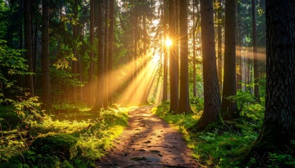 Fototapeta premium A sunlit path winds through a dense forest, dappled with sunlight. Tall trees create shade. Beams of light pierce through, illuminating the scene