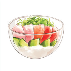 Fresh poke bowl with raw fish and avocado in a glass bowl.