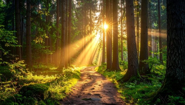 A sunlit path winds through a dense forest, dappled with sunlight. Tall trees create shade. Beams of light pierce through, illuminating the scene - Powered by Adobe