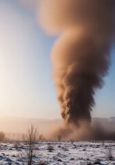 A desolate, cold winter landscape obscured by a massive, swirling, dense cloud of fine brown dust and particles creating low visibility, swirling, particle, atmosphere
