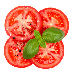 Tomato Slices with Basil: A close-up shot of juicy red tomato slices, garnished with fresh green basil leaves. Seasoned with salt and pepper, representing freshness and flavor