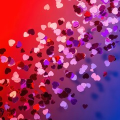 A dynamic and brightly colored backdrop filled with floating red, pink, and purple confetti hearts, perfect for celebrating love and romance, surface, passion, colorful