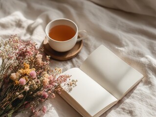 Tea, Flowers, and Book on Cozy Bed: Still Life