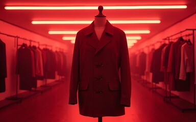 Singular Jacket Displayed in a Vacant Shop Bathed in Red Neon Light, Symbolizing End of an Era. High quality
