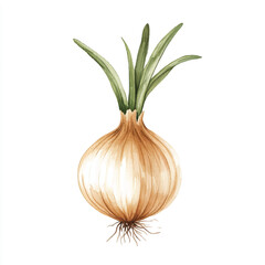 Fresh whole onion with green shoots and roots watercolor illustration.