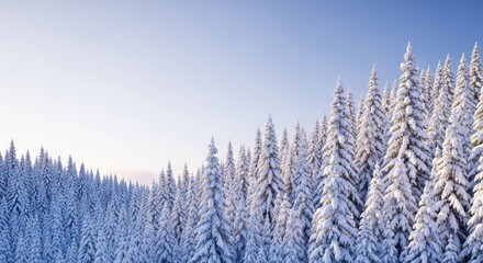 A wide, peaceful winter panorama showing evergreen forest trees covered heavily in thick fresh white snow, perfect for modern interior design, environment, decor, outdoor