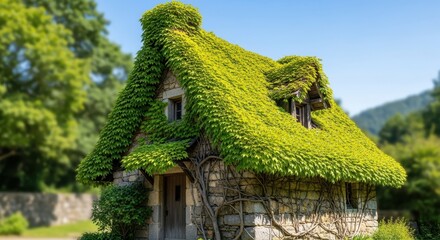 Charming rustic stone cottage with a steep roof covered in thick vines, highlighting historical architectural beauty and natural surroundings, garden, quaint, stone