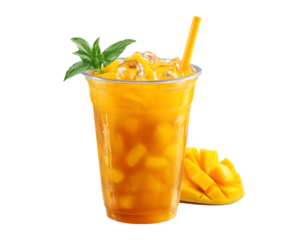 Vibrant Iced Mango Drink with Fresh Chunks and Mint Garnish isolated on transparent background
