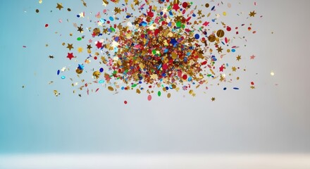 Dynamic burst of glittering gold and vibrant colored confetti filling the air, signifying a spectacular holiday event or monumental achievement, confetti, spectacular, luxurious