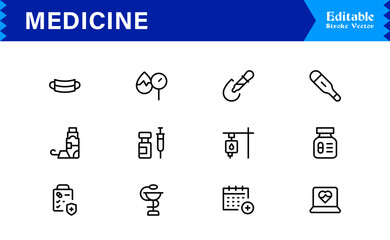 Modern Medicine Line Icon Collection Featuring Minimal, Professional, and Clean Vector Graphics for Health, Medical Care, Pharmacy, and Clinical Applications