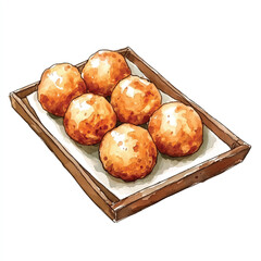 Golden Brown Fried Food Balls on Wooden Tray.