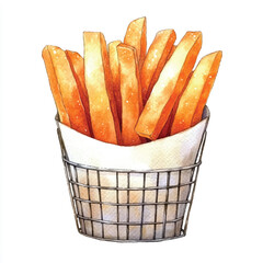 Golden fried potato fries in a wire basket ready to eat.
