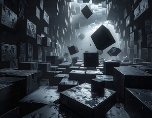A surreal architectural rendering of a chamber filled with floating and grounded dark, cubic shapes, illuminated by a central light source