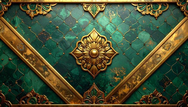 A regal display of emerald-green tiles framed by intricate golden embellishments and decorative molding