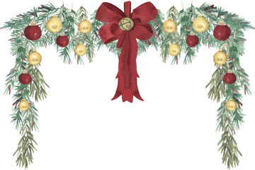 Festive Christmas Garland with Red Bow and Ornaments