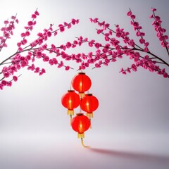 Misty view of vibrant red lanterns suspended from beautiful pink plum branches celebrating the arrival of the spring festival, traditional, peaceful, branch