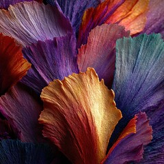 Vibrant abstract composition of colorful, fan-shaped petals with intricate linear textures.