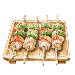 Grilled chicken and vegetable skewers on wooden tray.