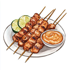Grilled Chicken Satay Skewers with Peanut Sauce and Lime.