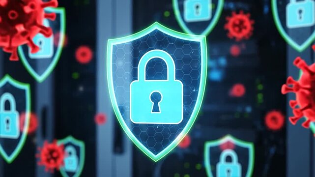 Cybersecurity Shields Protect Servers From Digital Virus Attack In Data Center With Glowing Blue Lights