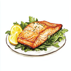 Grilled Salmon Fillet with Lemon and Greens Illustration.