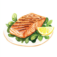 Grilled salmon fillet with lemon wedge and fresh green salad on a plate.
