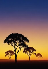 Tranquil evening scene. Silhouetted trees stand against a dramatic golden hour sunset sky, capturing nature's peace and approaching nightfall, stillness, vibrant, forest