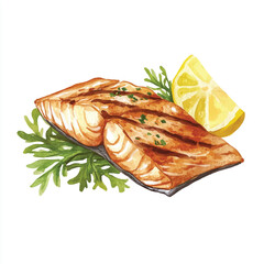 Grilled Salmon with Lemon and Herbs Watercolor Illustration.