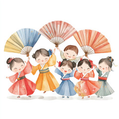 Group of Children in Hanbok Dresses with Fans.
