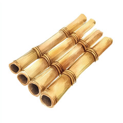 Group of light brown bamboo stalks closeup view natural texture stacked vertically isolated on white background.