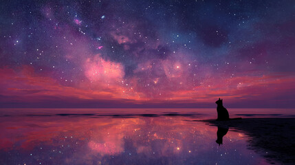 Silhouette of a cat sitting peacefully by reflective ocean water under breathtaking night sky filled with stars, cosmic nebula colors and the Milky Way creating a dreamy surreal atmosphere