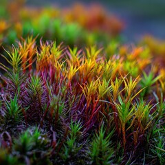 Vibrant colorful moss and tiny plants with dew drops, a macro view of natural beauty.