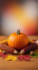 A beautiful autumnal arrangement featuring colorful pumpkins, dried corn, vibrant leaves, and rustic decor on a wooden surface, celebrating the harvest season, celebration, arrangement, orange