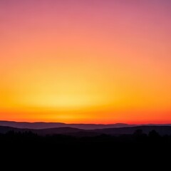 A breathtaking golden hour scene over a vast landscape. Tranquil evening light highlights the silhouette of distant trees and hills, clouds, silhouette, ethereal